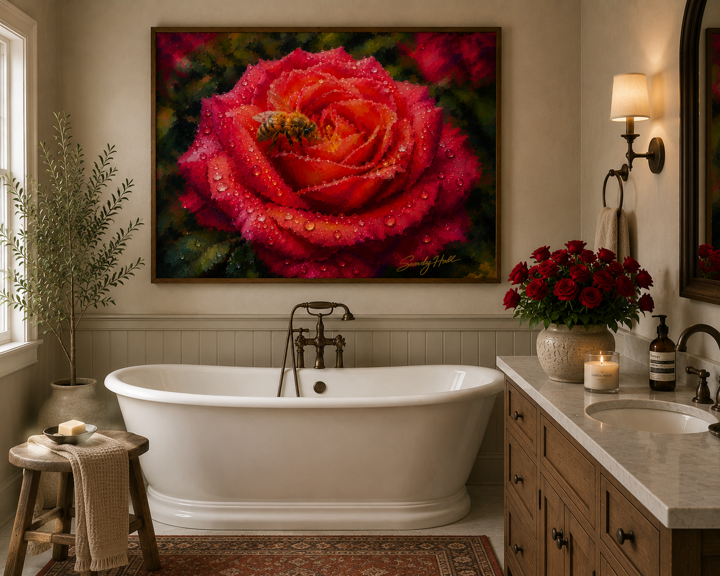 Where Beauty Finds Its Moment Rose & Bee Poster - Waterdrop Floral Wall Art (Rolled Poster)