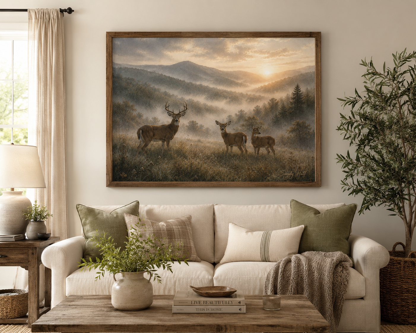 Deer Sunrise Landscape Poster — Misty Mountain Wildlife Wall Art