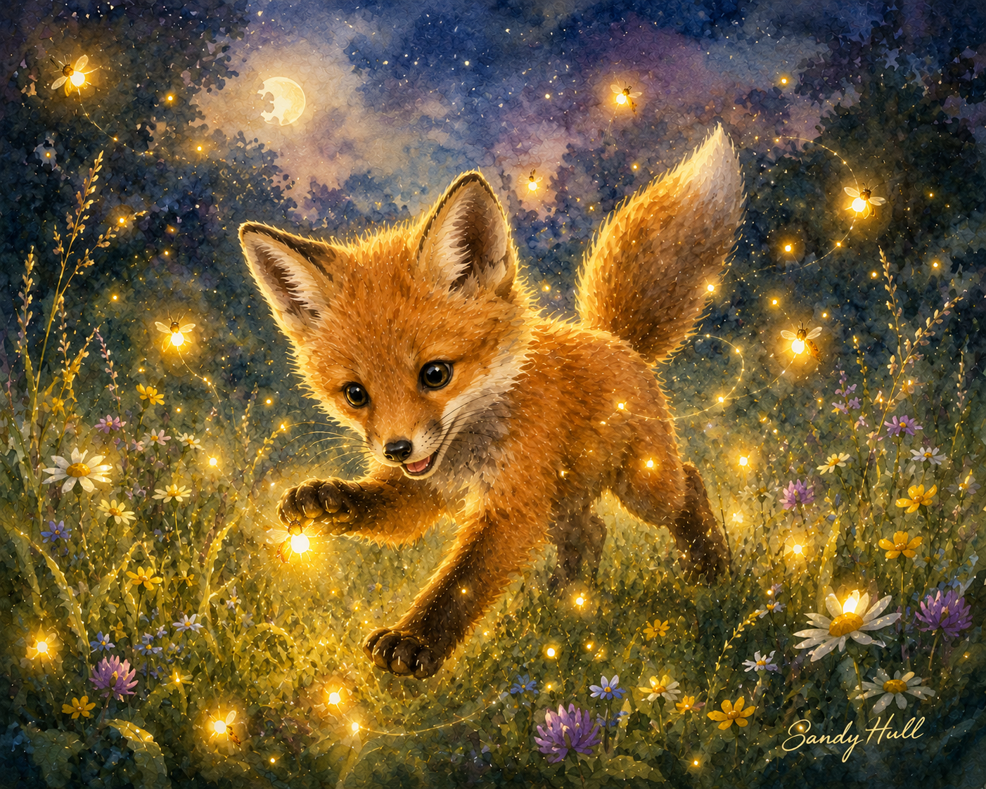 Fox Cub Satin Poster — Whimsical Night Forest Art Print (210gsm)