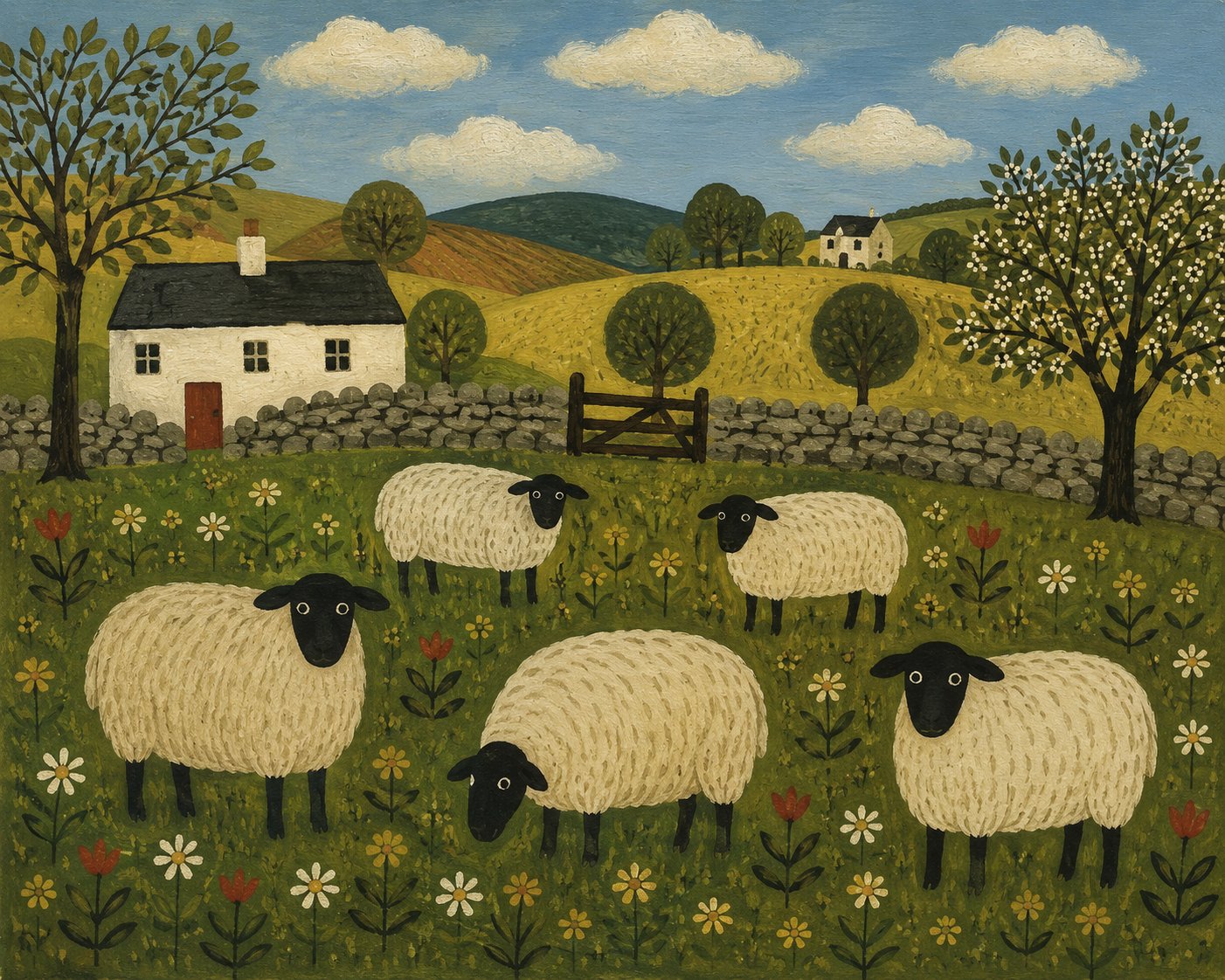“Whispers of the Meadow: Folk Art Sheep Pasture”