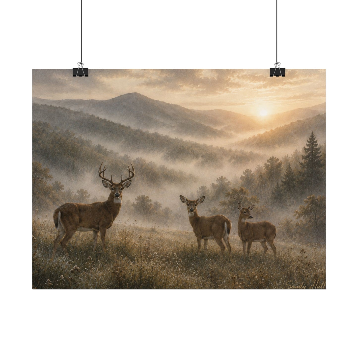 Deer Sunrise Landscape Poster — Misty Mountain Wildlife Wall Art