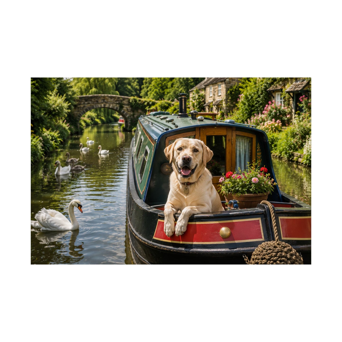 Canal Daydream – Labrador on a Narrowboat— Dog on Narrowboat Matte Horizontal Print
