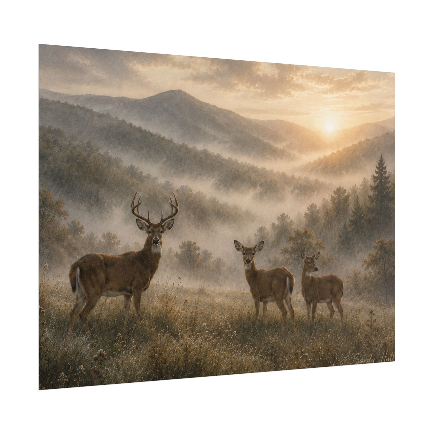 Deer Sunrise Landscape Poster — Misty Mountain Wildlife Wall Art