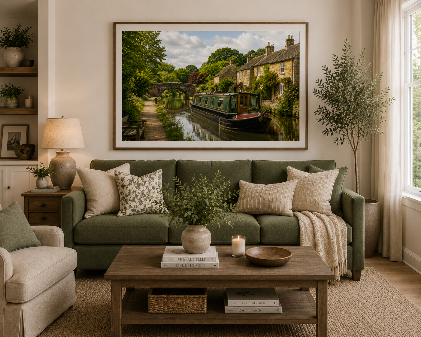 English Canal Charm {Canal Boat Cottage Matte Poster — Tranquil English Countryside Wall Art}