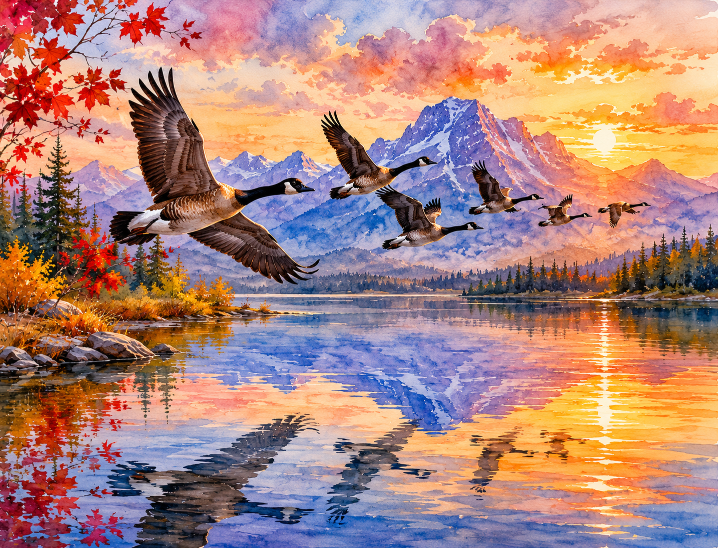 Golden Flight at Day’s End – Mountain Reflections with Flying Geese — Mountain Lake Landscape Wall Art