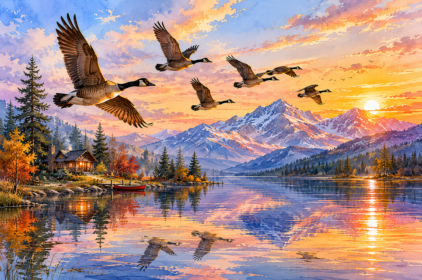 Canadian Geese Lake Sunset Matte Poster