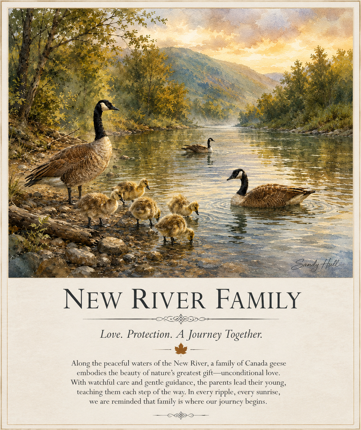 New River Family Canada Geese Family Matte Poster — Tranquil Lake Wildlife Wall Art