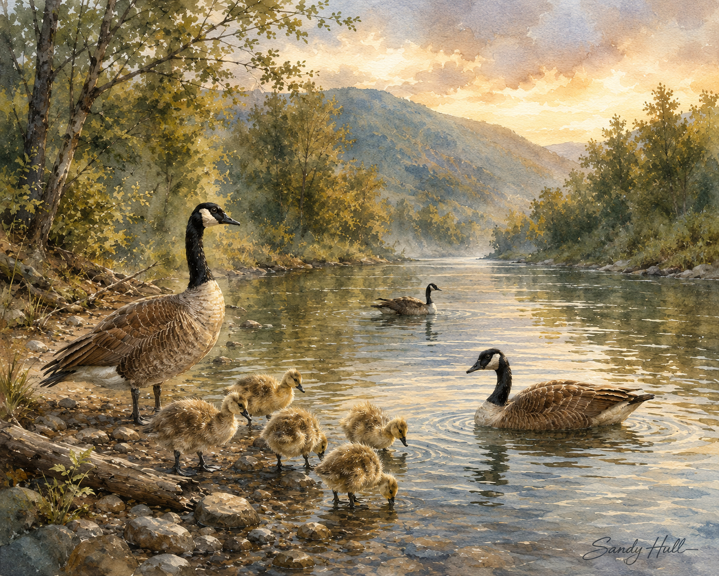 New River Family Canada Geese Family Matte Poster — Tranquil Lake Wildlife Wall Art