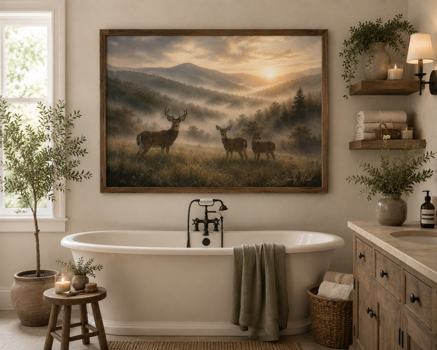 Deer Sunrise Landscape Poster — Misty Mountain Wildlife Wall Art