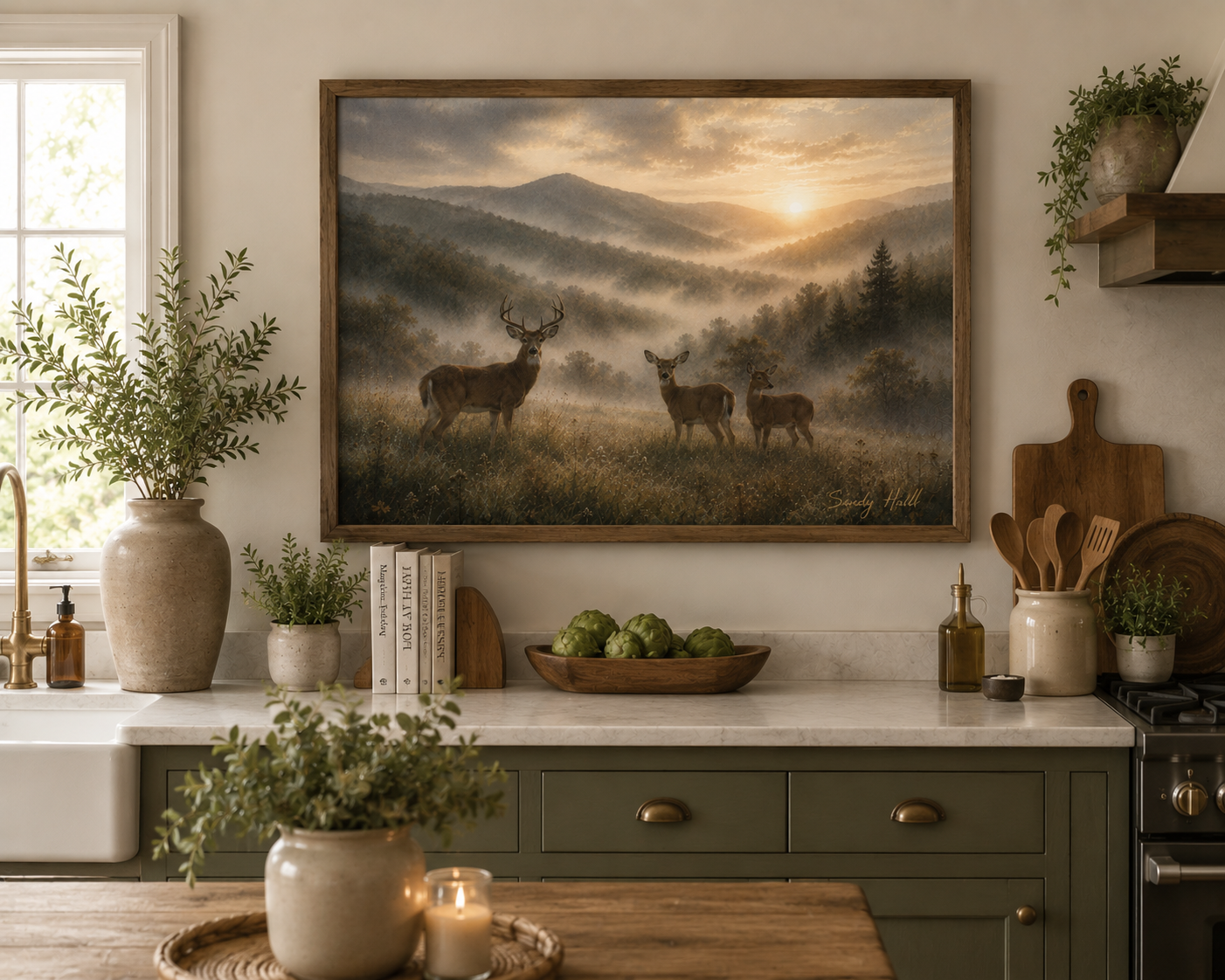 Deer Sunrise Landscape Poster — Misty Mountain Wildlife Wall Art