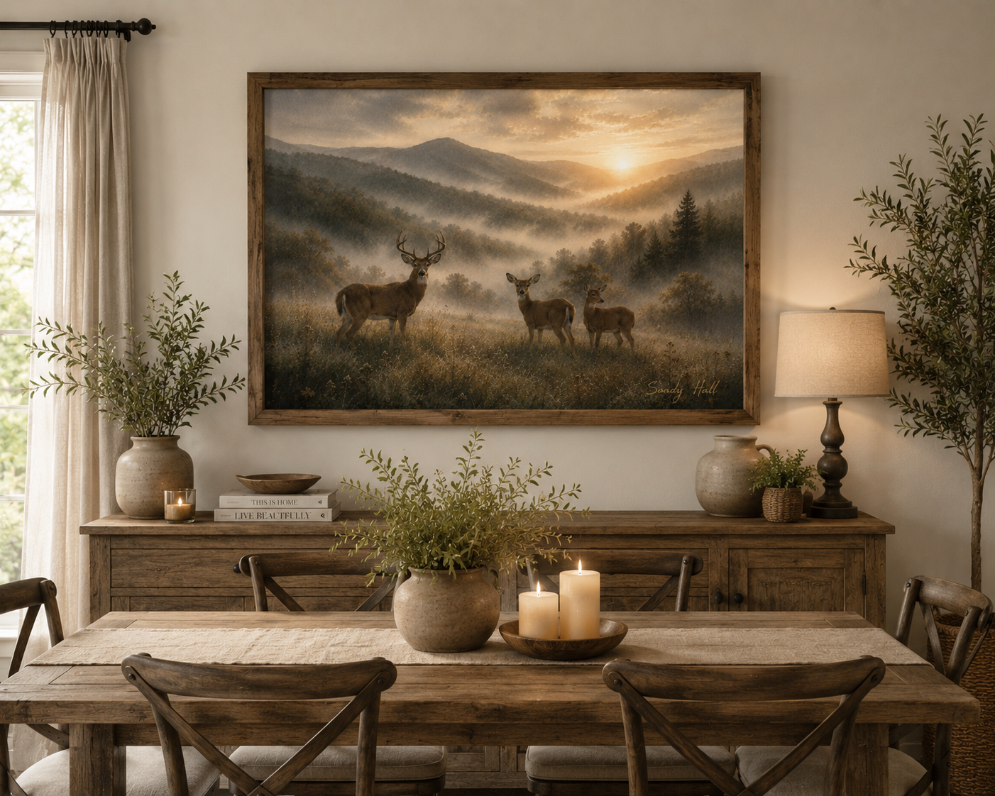 Deer Sunrise Landscape Poster — Misty Mountain Wildlife Wall Art