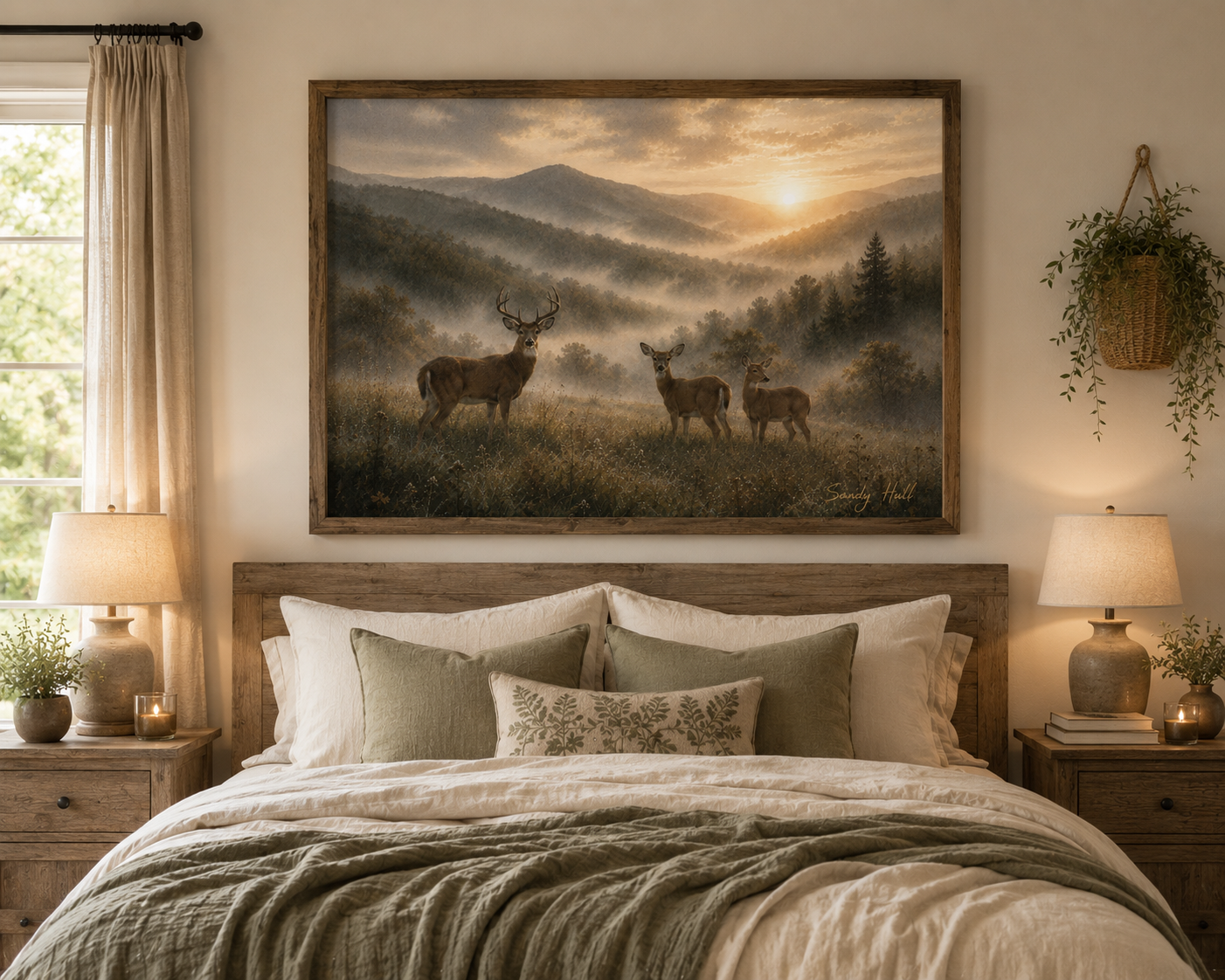 Deer Sunrise Landscape Poster — Misty Mountain Wildlife Wall Art