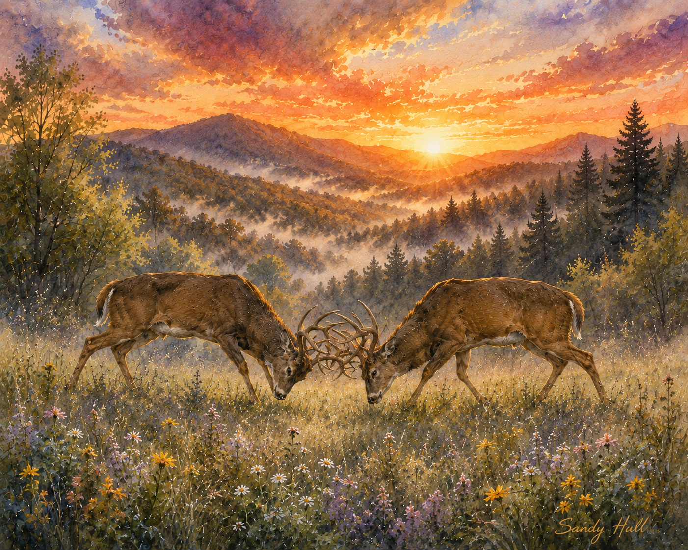{Sunset Rivals }Deer Sunset Landscape Poster — Wildlife Art Print for Cabin, Living Room, or Hunting Lodge