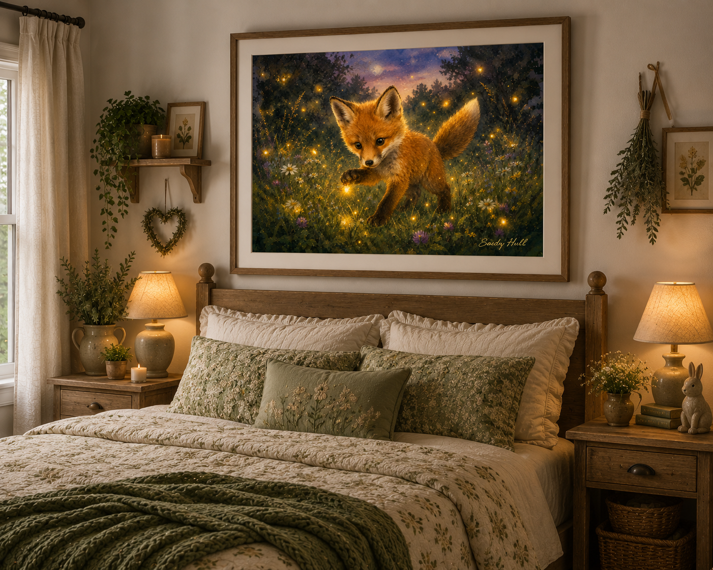 Fox Cub Satin Poster — Whimsical Night Forest Art Print (210gsm)