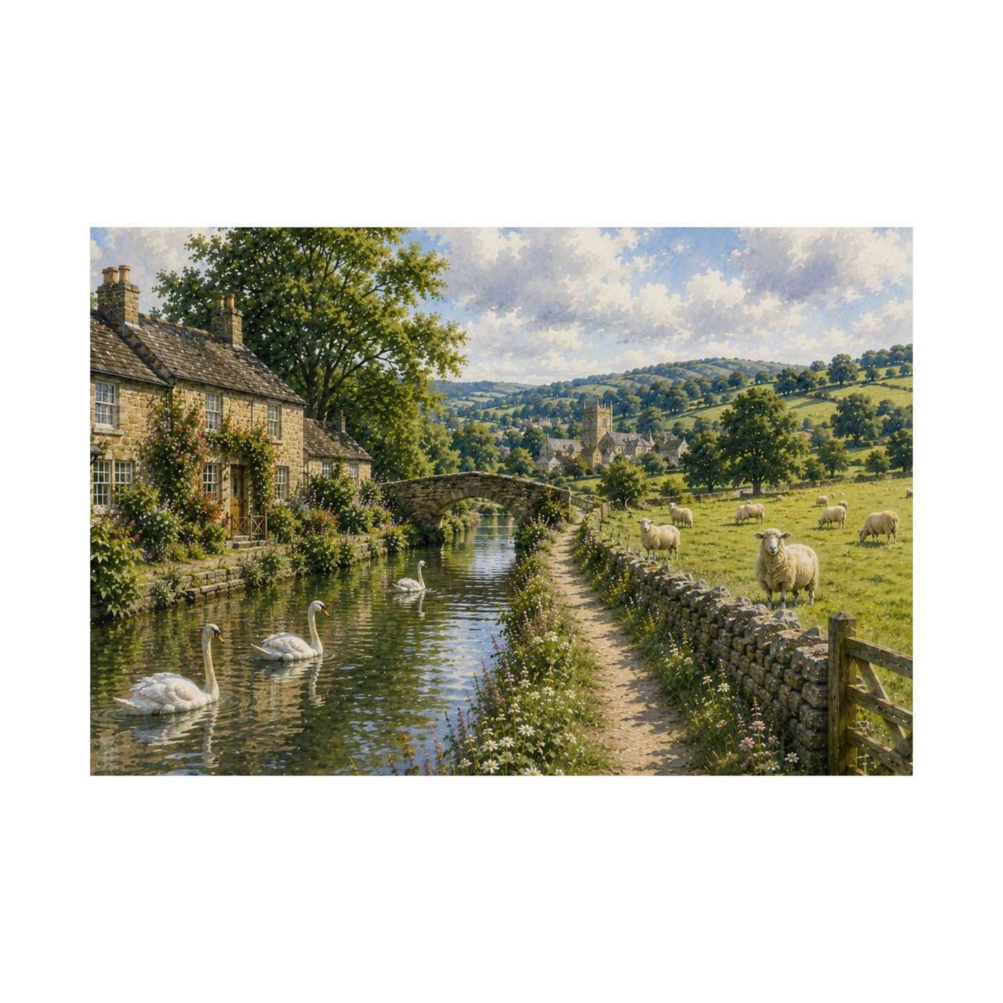Where Swans Drift and Sheep Roam — Pastoral Landscape Wall Art