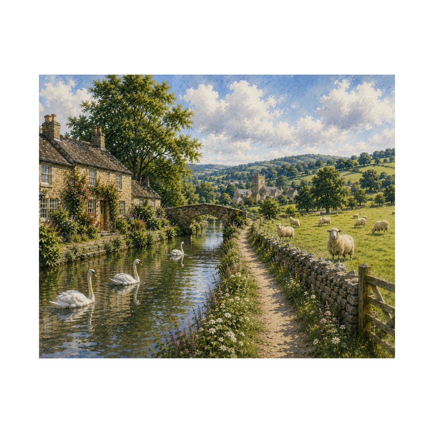 Where Swans Drift and Sheep Roam — Pastoral Landscape Wall Art