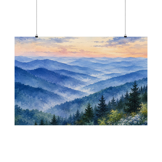 Blue Ridge Serenity Mountain Sunrise Landscape Poster — Matte Horizontal Wall Art