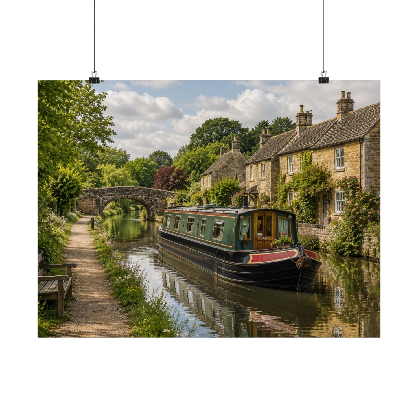English Canal Charm {Canal Boat Cottage Matte Poster — Tranquil English Countryside Wall Art}