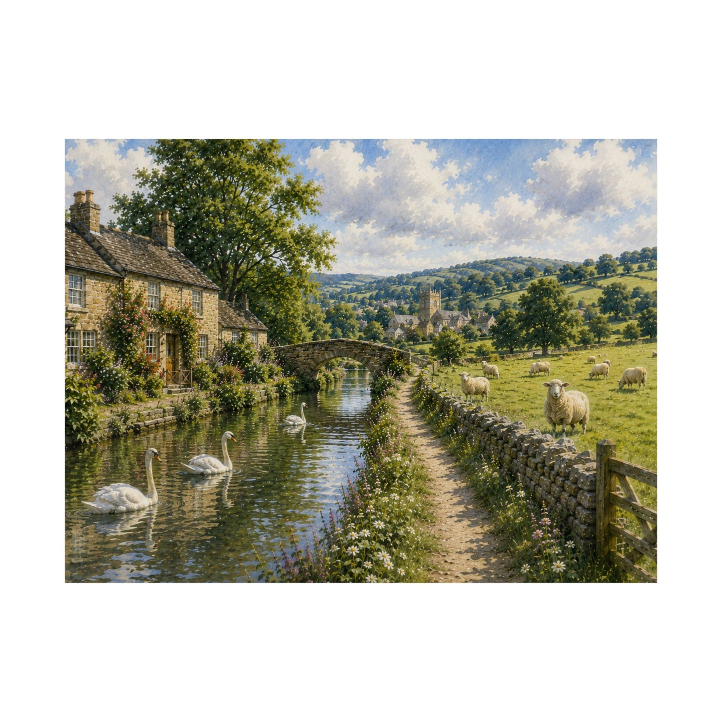 Where Swans Drift and Sheep Roam — Pastoral Landscape Wall Art