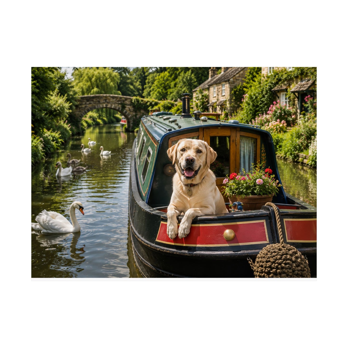 Canal Daydream – Labrador on a Narrowboat— Dog on Narrowboat Matte Horizontal Print