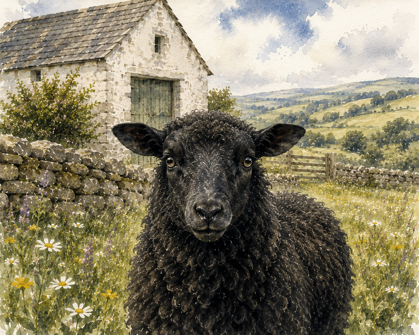 “The Black Sheep: Watercolor of the English Countryside”