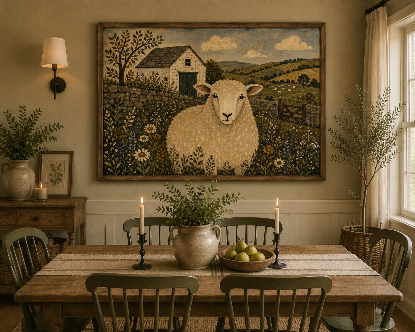 “Meadow Hearth: Folk Art Sheep Farmhouse Dining Print”