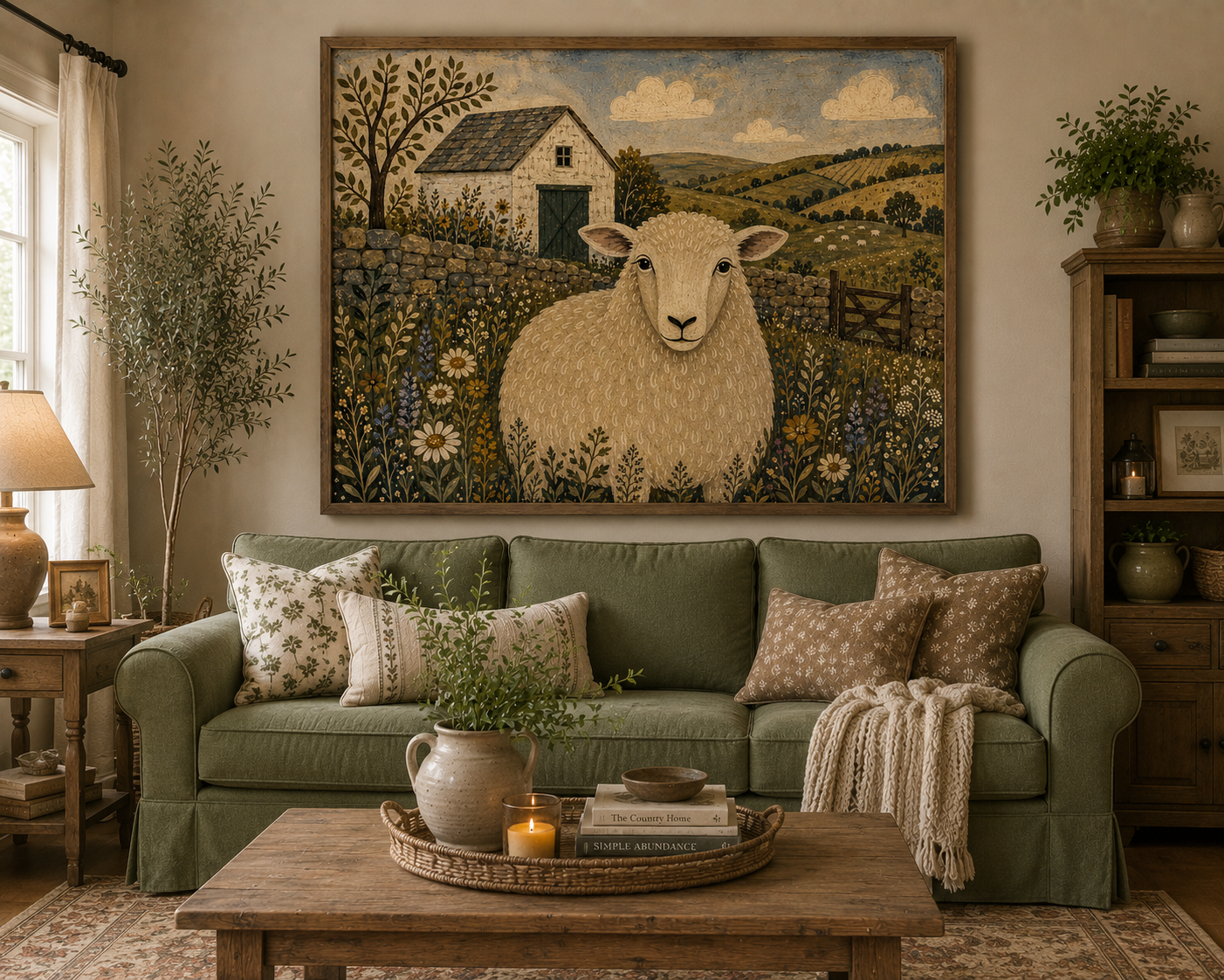 “Meadow Hearth: Folk Art Sheep Farmhouse Dining Print”