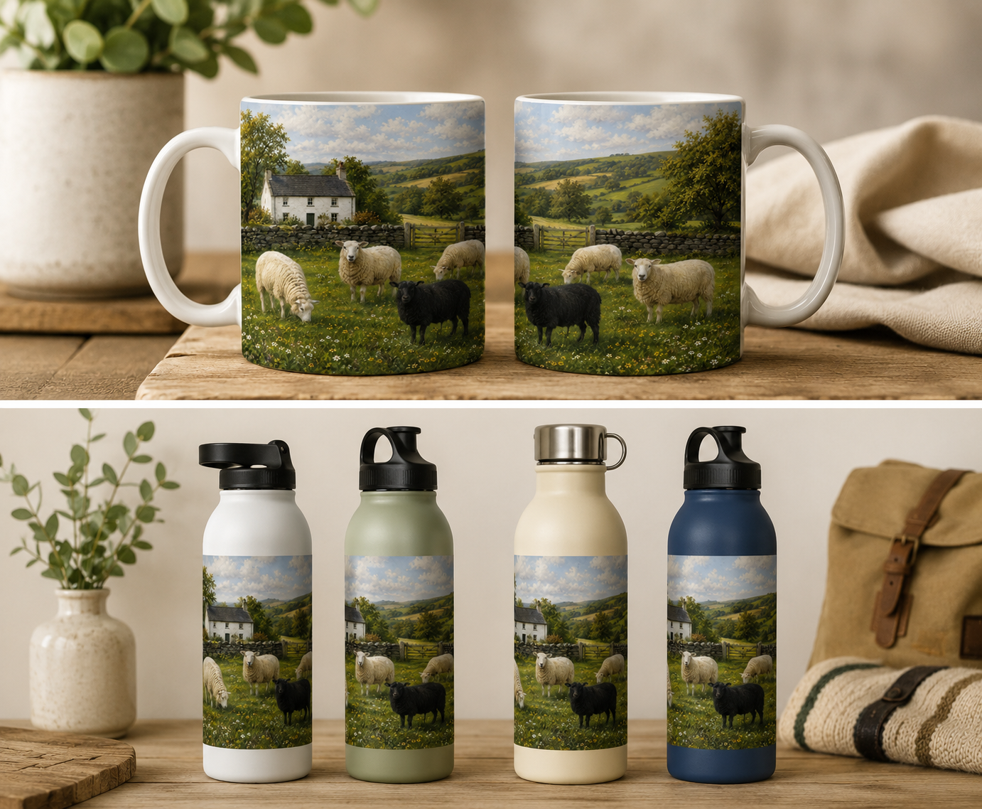 “The Black Sheep’s Meadow: Rustic Countryside Folk Art”