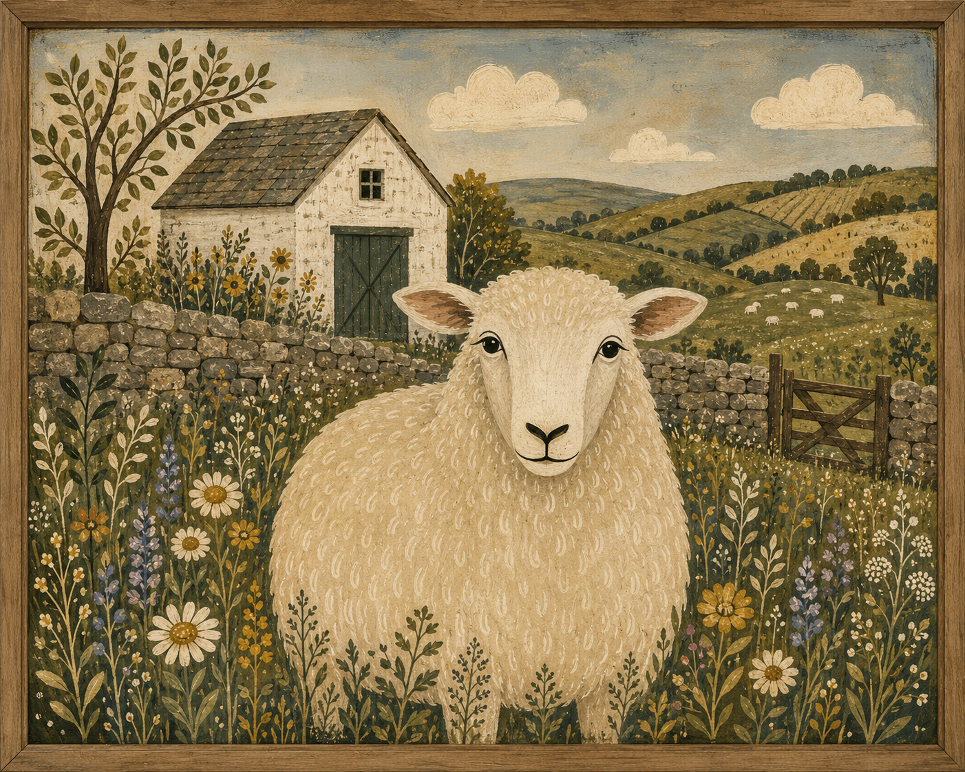 “Meadow Hearth: Folk Art Sheep Farmhouse Dining Print”