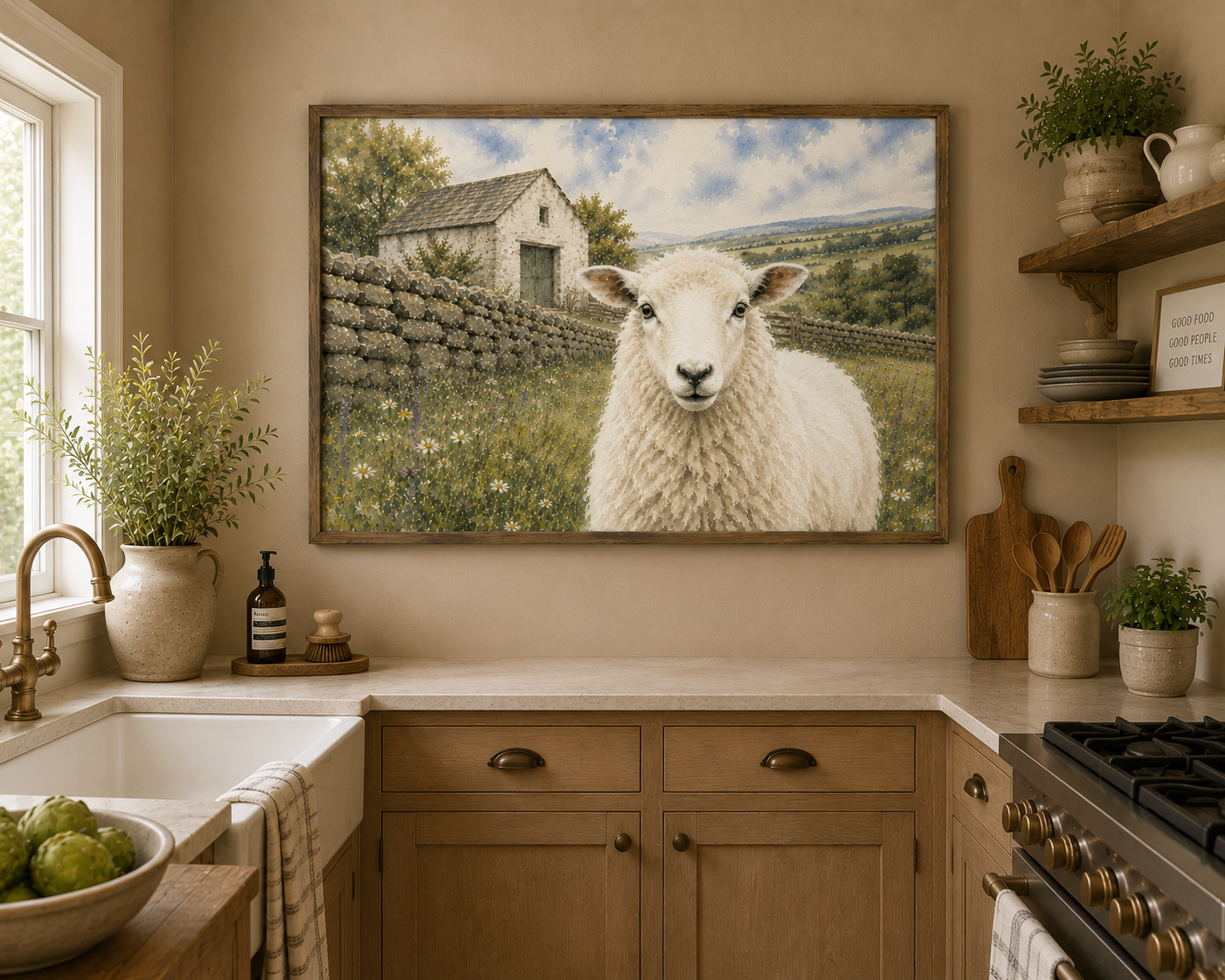 “Countryside Grace: White Sheep Watercolor Farmhouse Print”