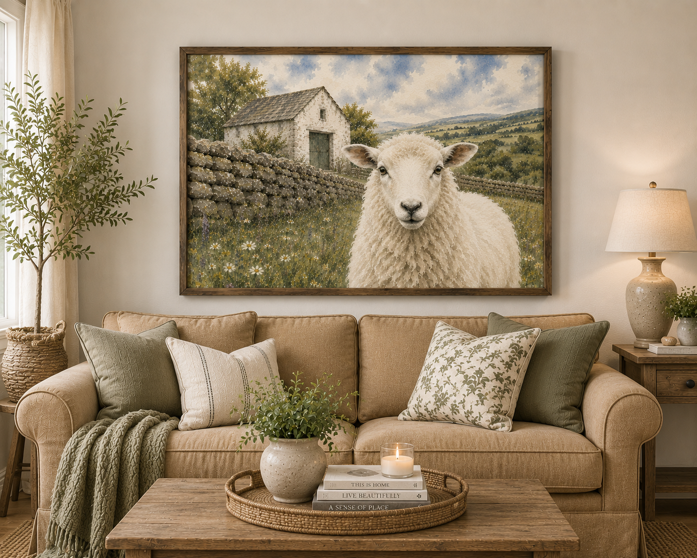 “Countryside Grace: White Sheep Watercolor Farmhouse Print”