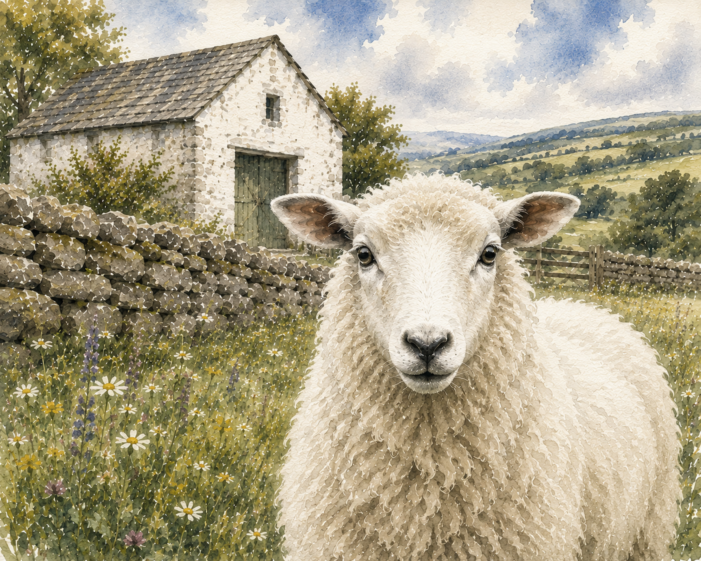 “Countryside Grace: White Sheep Watercolor Farmhouse Print”